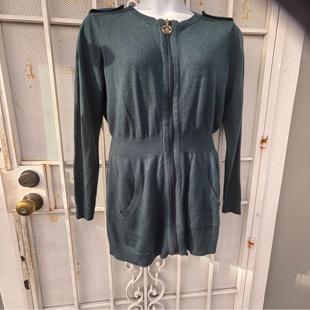 Miss Tina size L (16-18) zip-up L/S sweater 2 pockets waist elastic knit swester